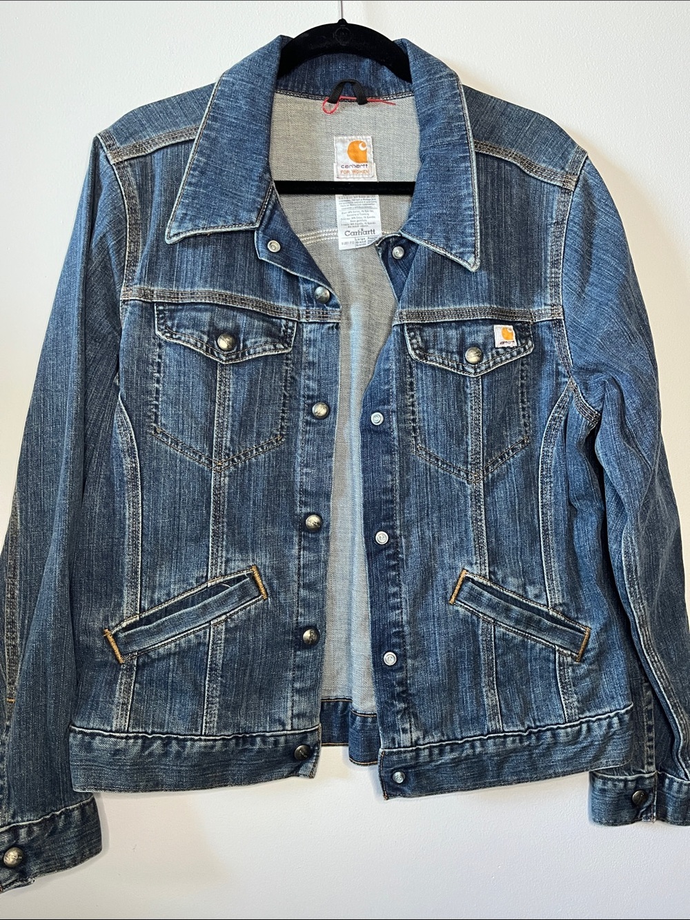 blue Carhartt women's denim snap-front jacket unique pockets Y2K
